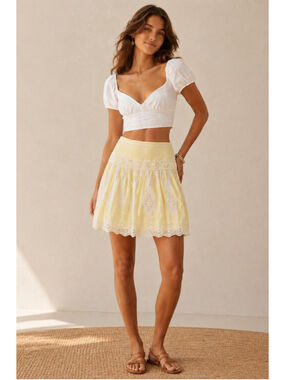 Lithe Anthropologie Yellow Eyelet Embroidered Mini Gauzy Skirt 6 Boho Garden
